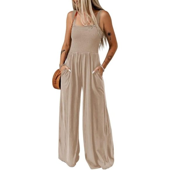 Women's Apricot One Piece Sleeveless Wide Leg Long Pant Rompers With Pockets - Picture 2 of 6